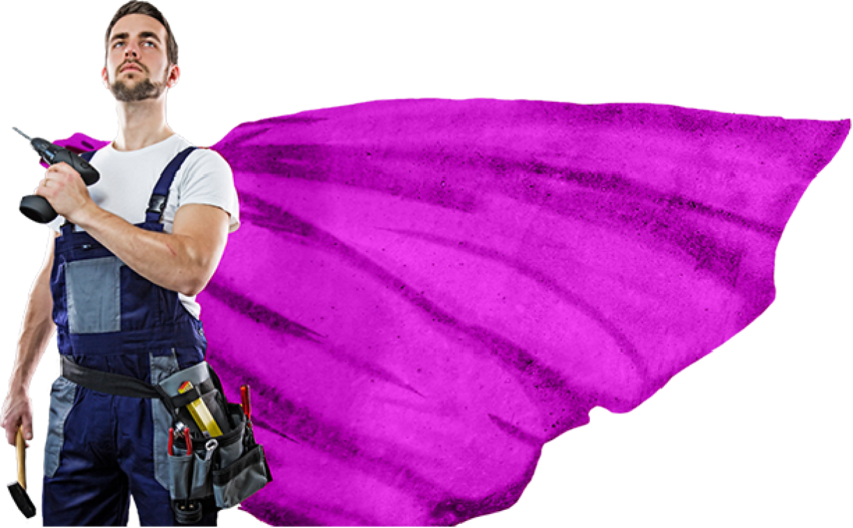 Handwerker mit Bohrmaschine und Superheldenumhang